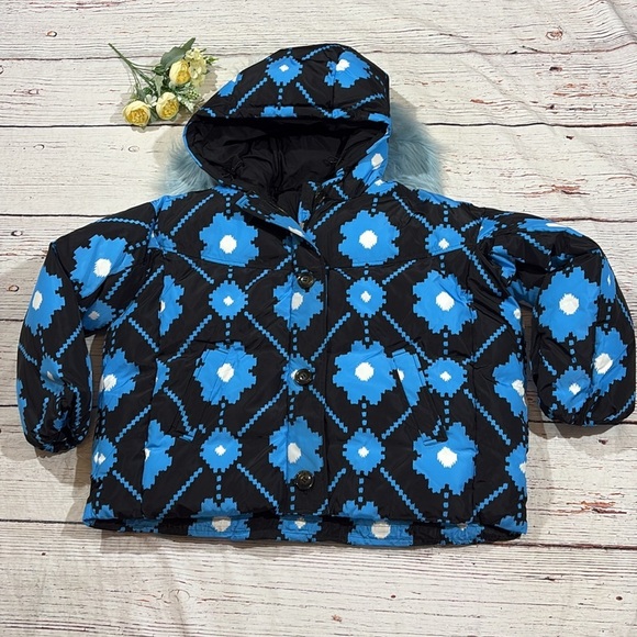 NWT Maje Mod Flower Print Sporty Winter Puffer Oversized Jacket Black Blue sz 0 - Picture 2 of 13